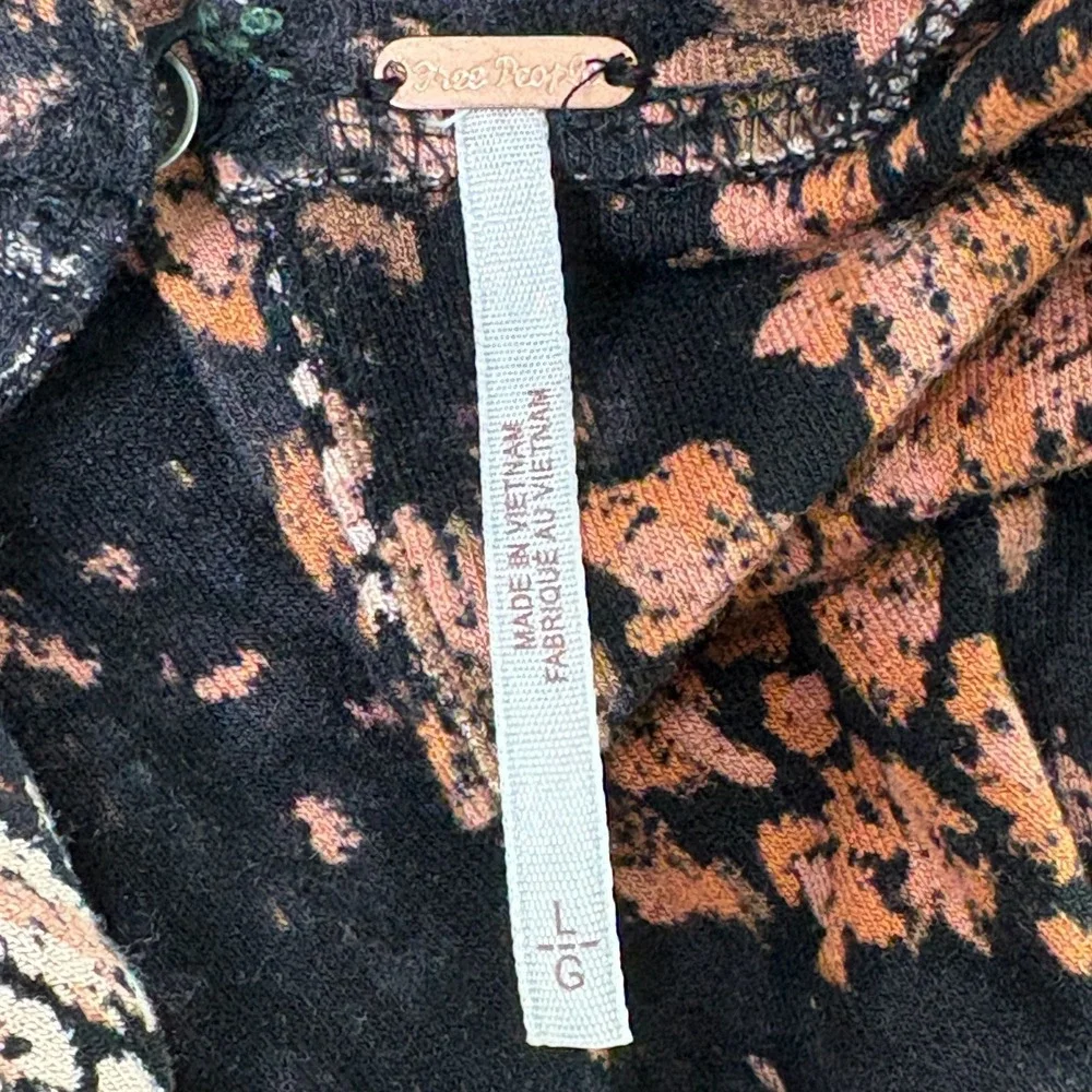Free People Heartbeats Mini Dress Size L Black Brown Floral Jersey Retro‎ Boho